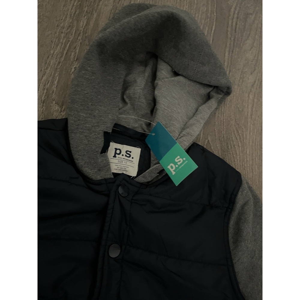 p.s. Boys Bomber Jacket Hooded Quilted Puffer Navy Gray Coat Sweater Sleeves - Picture 2 of 4